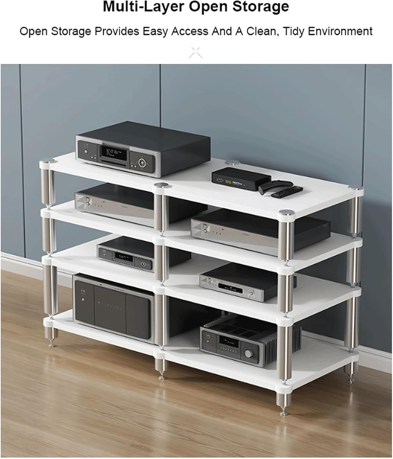 Stereo Stands Modern Audio Rack Tower AV Media Stand Wooden Tiered Shelves 2 Tier,3 Tier,4 Tier Audio Rack Shelf AV Media Player Stand(Black,4 Tier)