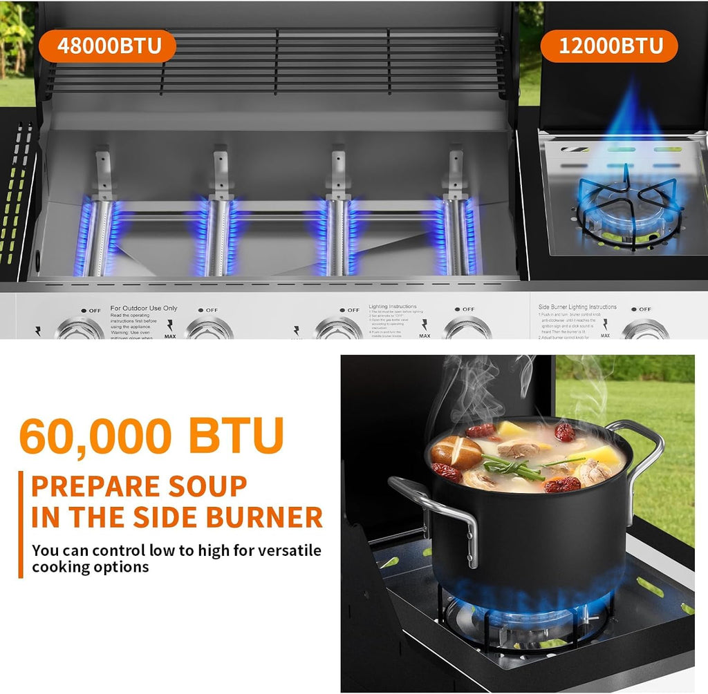 SKOK 4-Burner Led Gas BBQ Grill with Side Burner & Visual Glass, Barbecue Grill,60,000 BTU Stainless Steel Propane Grill 629 Sq. In. Grilling Area