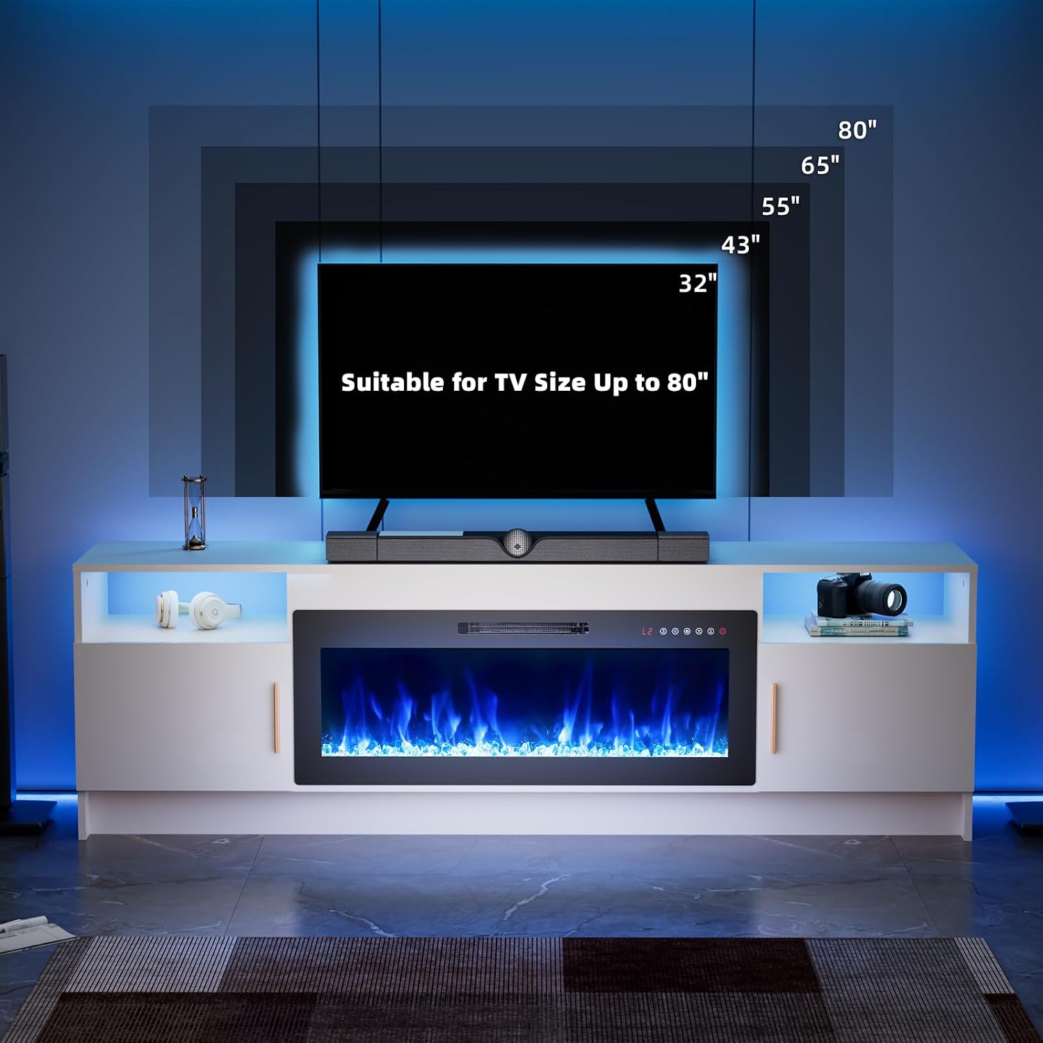 EAG 70 Inche Fireplace TV Stand for TVs up to 80 Inches with 36' Electric Fireplace, Modern Entertainment Center with Glass Shelves, LED Lights, Media TV Console for Living Room, White
