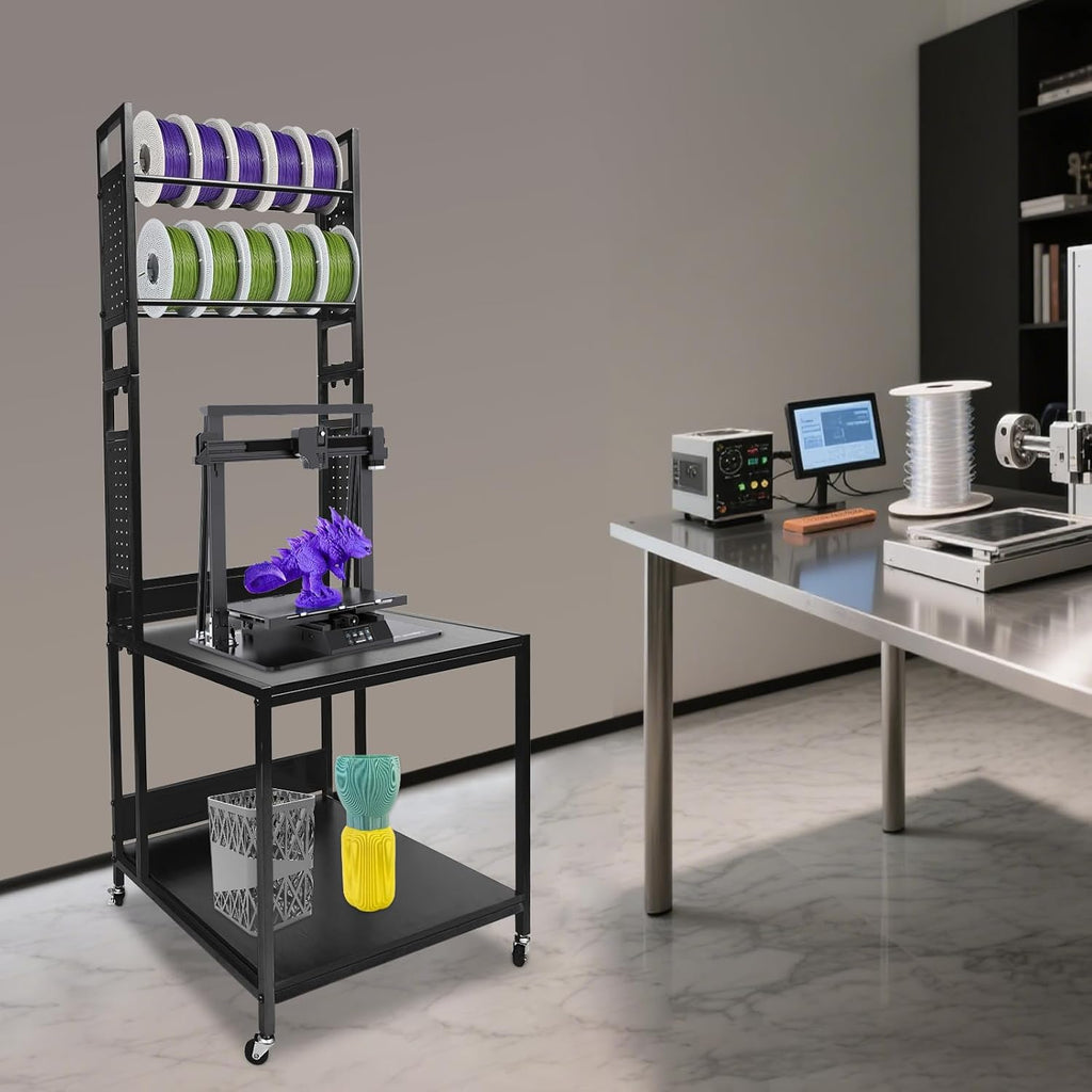 3D Printer Stand with Double Layer, 3D Printer Filament Storage Rack, Heavy Duty Mobile Printer Table with Wheels for Studio Office Storage and Organization (Black)