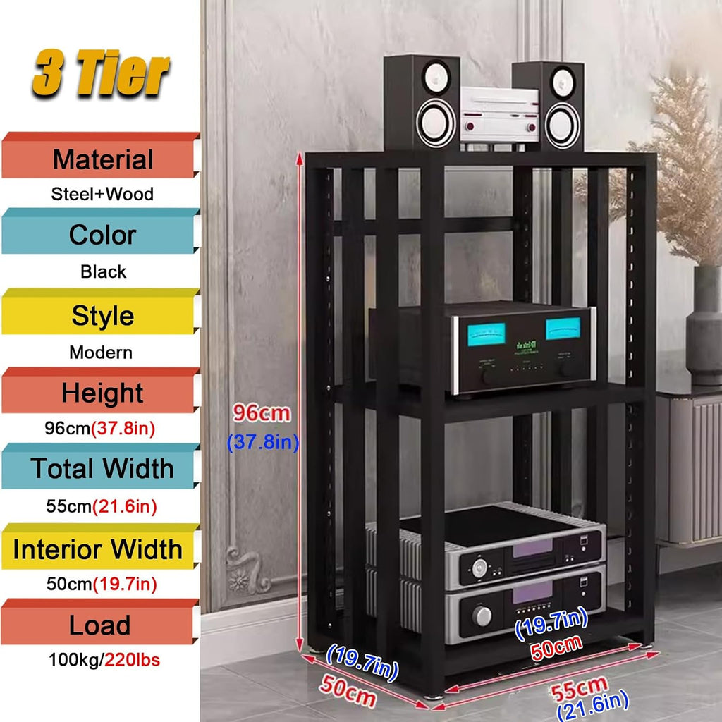 3/4/5-tier Shelves Audio Video Media Stand Cabinet, Modern Stereo Record Player Equipment Rack for Restaurant/Classroom/Bedroom/Conference Room, Height-Adjustable Shelf, Vertical Floor(3 Tier Black Bo