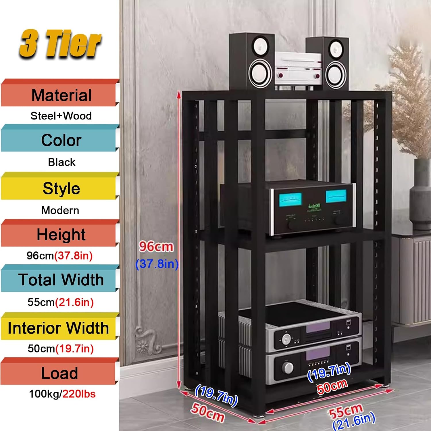 3/4/5-tier Shelves Audio Video Media Stand Cabinet, Modern Stereo Record Player Equipment Rack for Restaurant/Classroom/Bedroom/Conference Room, Height-Adjustable Shelf, Vertical Floor(3 Tier Black Bo