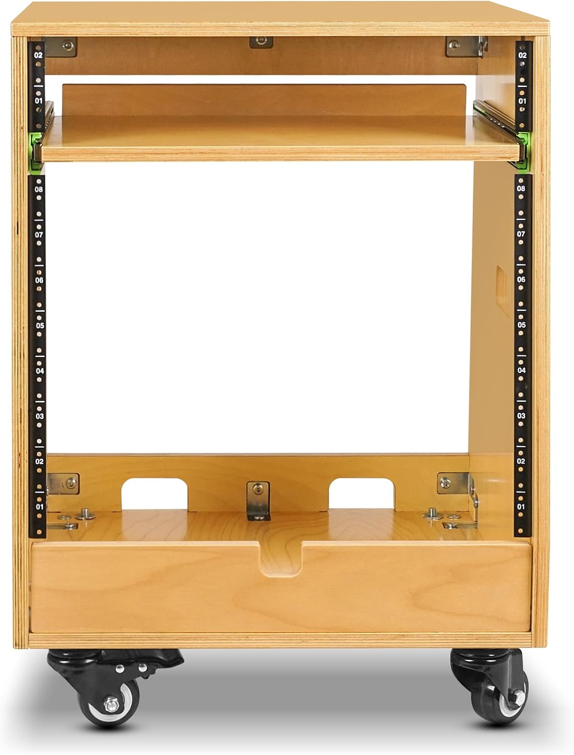 Sound Town DIY Slanted 10U Studio Rack (2U Top + 8U Lower), with 2U Bottom Storage, Slide-Out Tray, Caster, Plywood, Golden Oak For Recording Room, Home Studio (SDRK-ST10T)