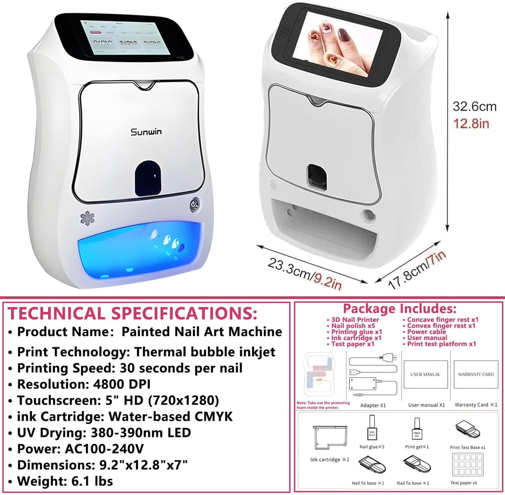 Smart 3D Nail Art Printer Machine with 5' Touchscreen & App Control, 4800DPI High-Resolution, Auto Nail Shape Recognition, 3000+ Designs, DIY Custom Printing Kit for Home & Salon Printer