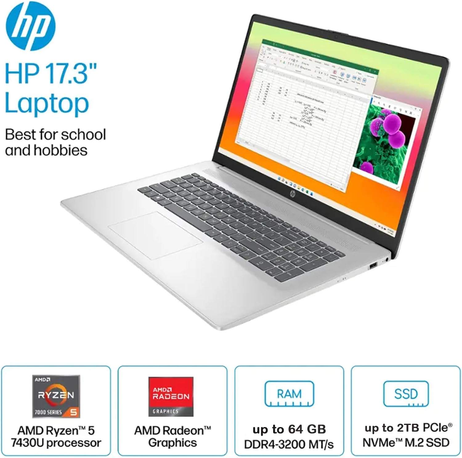 HP 17.3' Business Student Laptop | AMD Ryzen 5 7430U | FHD (1920 x 1080) IPS Display | Wi-Fi 6 | Win 11 Pro | 32 GB RAM | 1TB SSD | Natural Silver