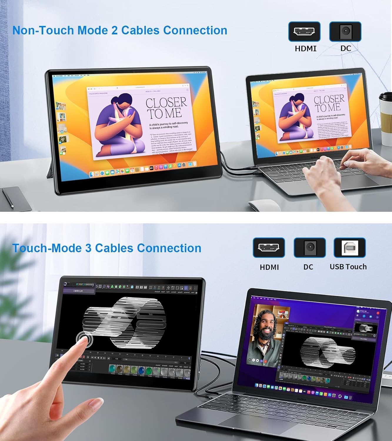 13.3'' Portable Touch Screen Monitor,VESA Touchscreen Display,1080P 10-Point HDMI VGA Port Ultra-Slim Portable Laptop Touchscreen Monitor for PC MacBook Phone PS Xbox(13.3 inch) 1