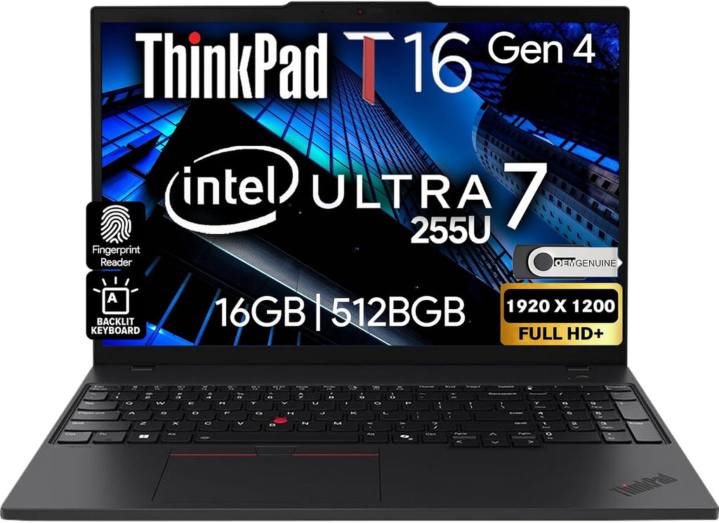 Lenovo ThinkPad T16 Gen 4 AI Business Laptop 16' FHD+ Display, Intel Ultra 7 255U (Beats i7-1355U), 16GB DDR5 RAM, 512GB SSD, 5MB Webcam, Fingerprint, Backlit KB, WiFi 6E + BT, RJ-45, HDMI, Win 11 Pro