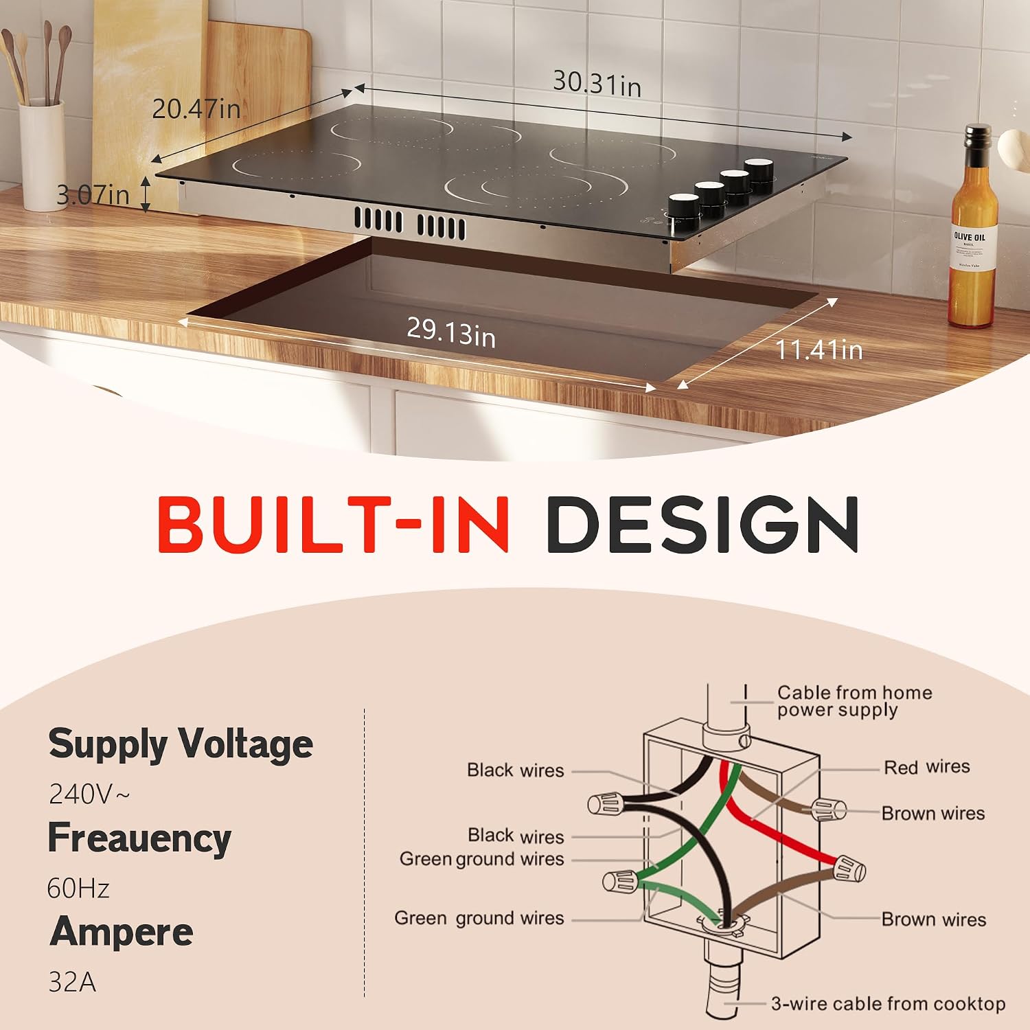 Electric Cooktop 30 Inch Hobsir, 4 Burner Electric Stove Top 6700W, Dual-Ring Burner & Oval Burner, 9 Power Level, 30 Inch Cook top with Safety Lock, Timer, White Knob