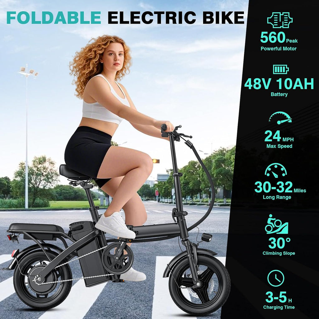 Electric Bike for Adults and Teens, 560-740W Motor, 20-25MPH Compact Commuter Folding Ebike, 32 Miles Range, 48V 10Ah Battery, 3-Level Pedal Assist, 14' Foldable Electric Bicycle, UL 2849 Certified