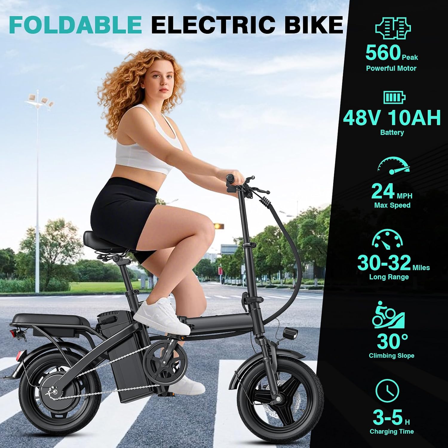 Electric Bike for Adults and Teens, 560-740W Motor, 20-25MPH Compact Commuter Folding Ebike, 32 Miles Range, 48V 10Ah Battery, 3-Level Pedal Assist, 14' Foldable Electric Bicycle, UL 2849 Certified