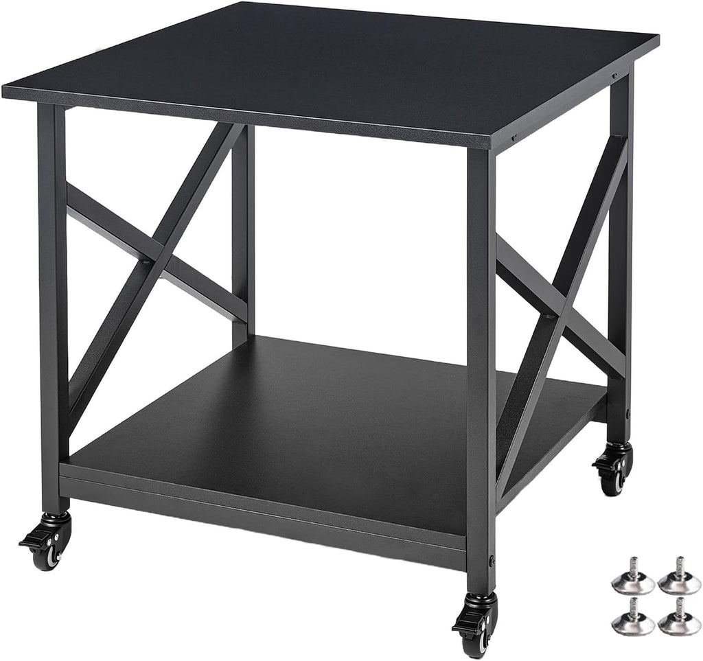 Fannova 2 Tier Large Printer Stand, 23.6 x 23.6 x 22.6 Inches Square Printer Table with Storage Shelf, Rolling Printer Cart with Industrial Wheels for Home Office, Mini Fridge Stand Table - Black