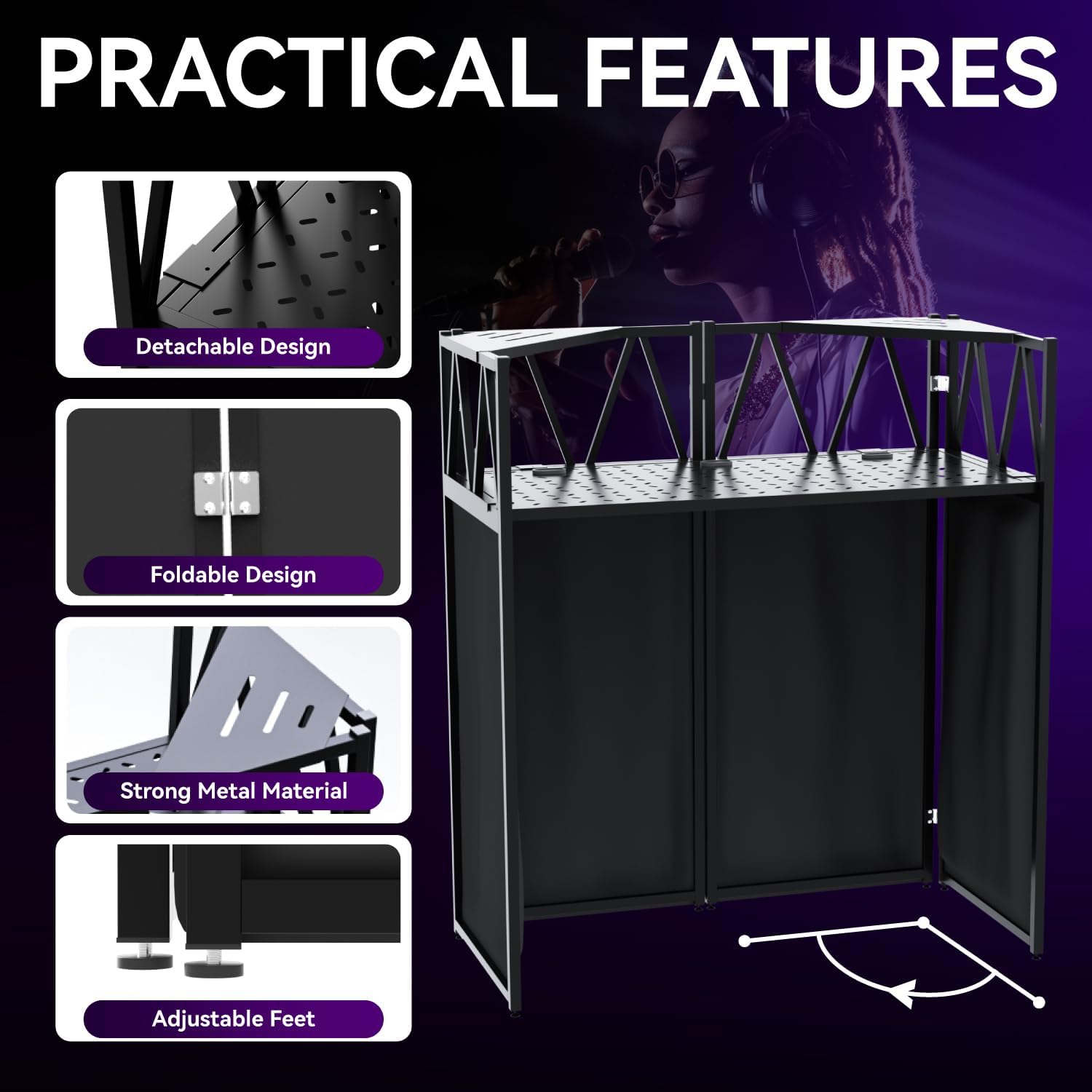 RDCMKL DJ Table Stand Portable Booth, All-Metal Heavy-Duty Foldable DJ Stand, Iron Plate Surface DJ Facade Booth, with 8 Machine-Washable Scrims, Travel Bag