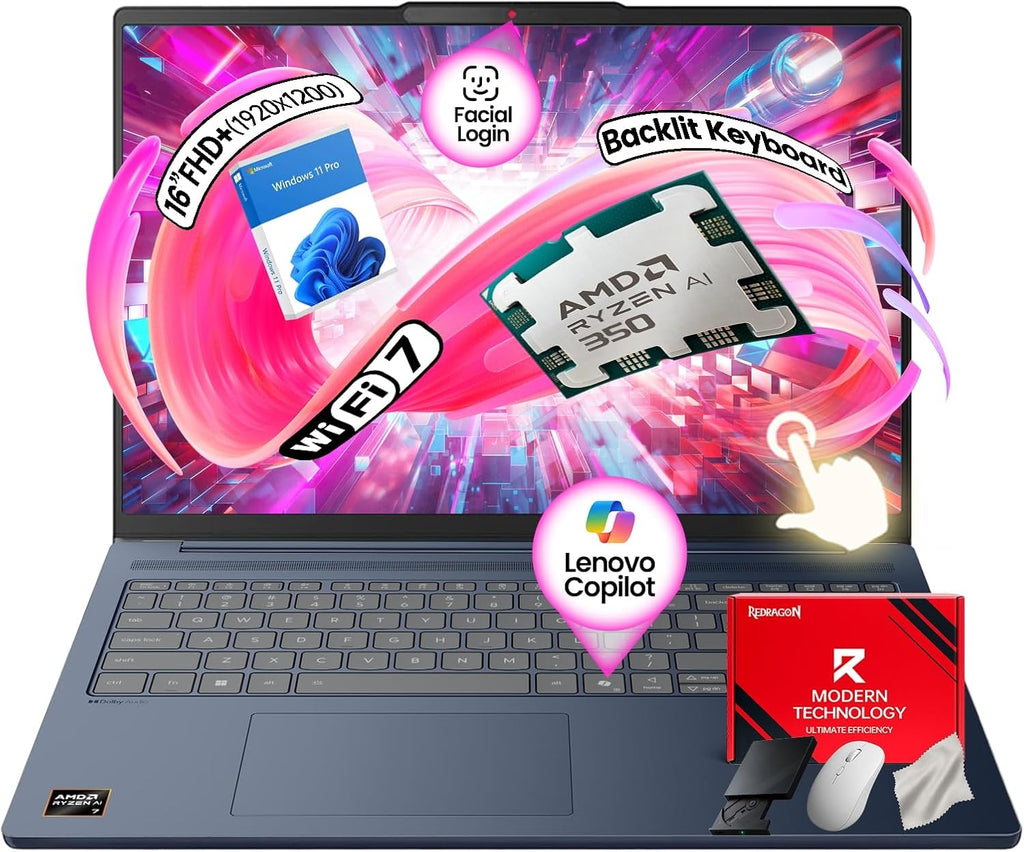 Lenovo IdeaPad Copilot+ Business Laptop - 16' FHD+ Touchscreen - AMD Ryzen AI 7 350(Beat Core 7 150U) - 50 TOPS NPU - Facial Login IR Cam - Backlit KB -Win 11 Pro-Redragon Bundle (32GB DDR5 | 2TB SSD)