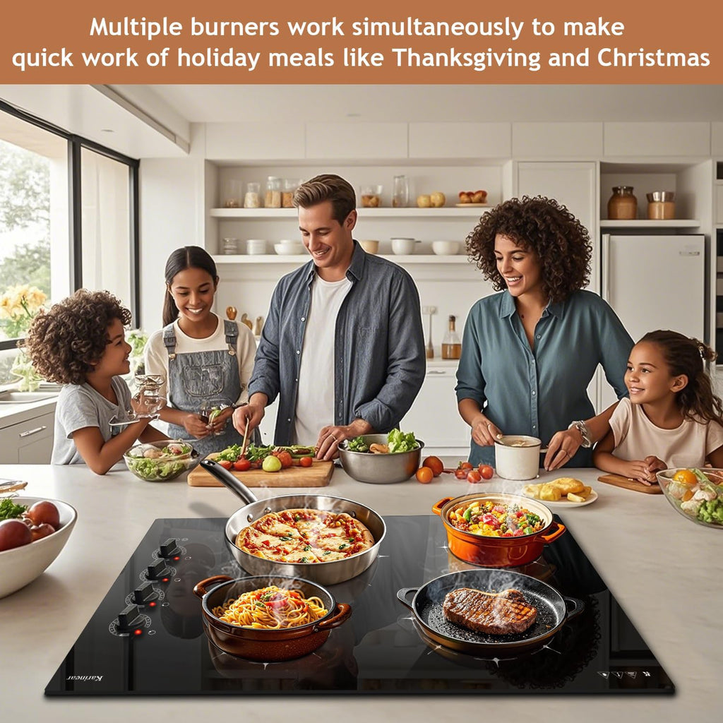Karinear 4 Burner Electric Cooktop 30 Inch, Knob Control Built-in Electric Stove Top, 30' Radiant Ceramic Cooktop, 9 Power Level, Hot Warning, Expandable Burner, 220V 6700W, No Plug