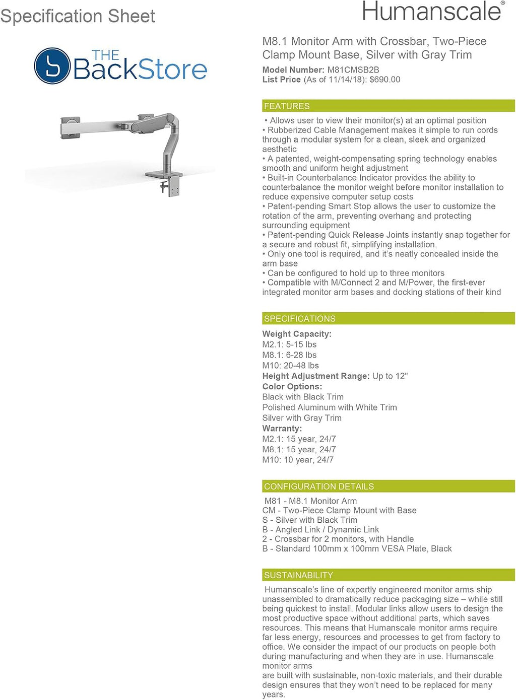 Humanscale M8.1 Adjustable Dual Monitor Arm with Crossbar - Two Piece Clamp Mount - Silver M81CMSB2G