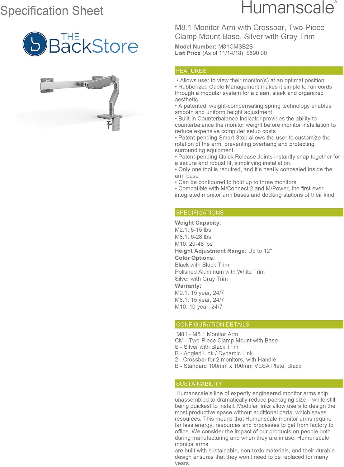 Humanscale M8.1 Adjustable Dual Monitor Arm with Crossbar - Two Piece Clamp Mount - Silver M81CMSB2G