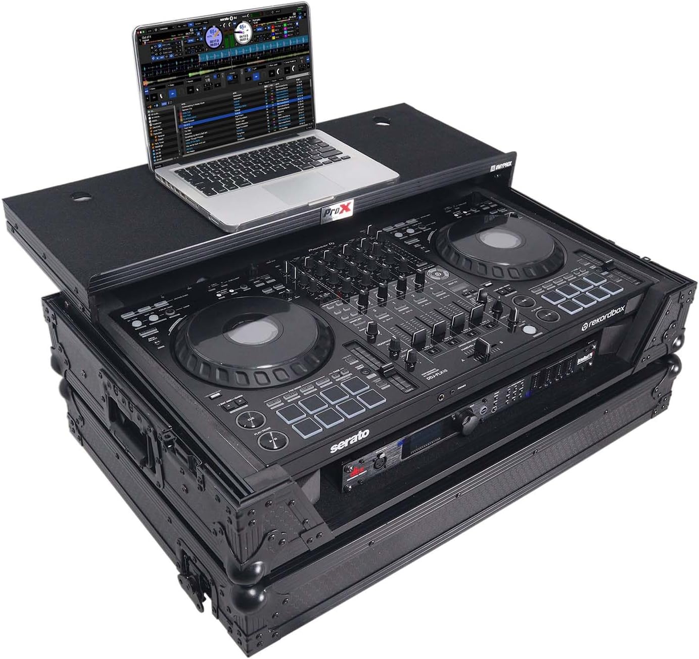 ProX XS-DDJFLX10WLTBL ATA Flight Style Road Case For Pioneer DDJ-FLX10 DJ Controller with Laptop Shelf 1U Rack Space Wheels and LED Black Finish