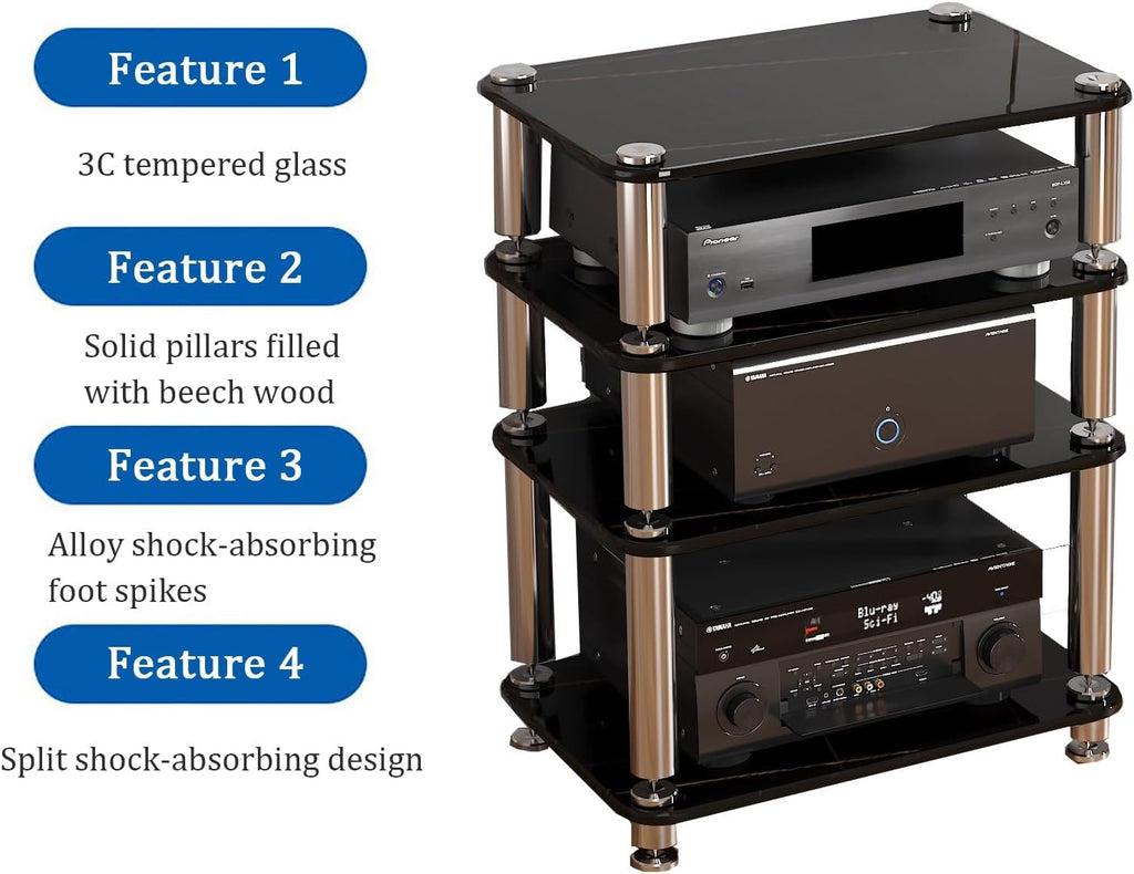 Modern AV Media Rack, 4-Tier Audio Stand with Tempered Glass, Shock-Absorbing Nails, Stainless Steel Legs, Stylish Stereo Cabinet for Home Entertainment (White, 60x40x76cm)