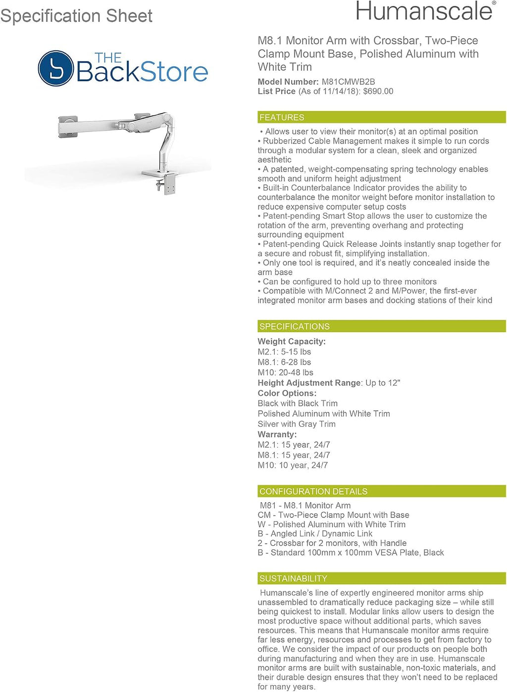 Humanscale M8.1 Adjustable Dual Monitor Arm with Crossbar - Two Piece Clamp Mount - Polished Aluminum M81CMWB2B