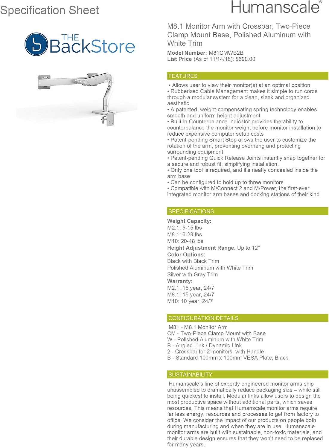 Humanscale M8.1 Adjustable Dual Monitor Arm with Crossbar - Two Piece Clamp Mount - Polished Aluminum M81CMWB2B