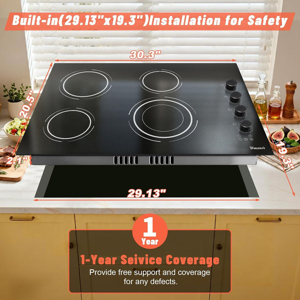 30 Inch Electric Cooktop 4 Burner - Built-in(29.13'x19.3') Ceramic Stove 6700W, 30' Radiant Electric Cooktop with Timer, Safety Lock, Pause, Dual Ring, 220V - 240V Hard Wired (Black Knob)