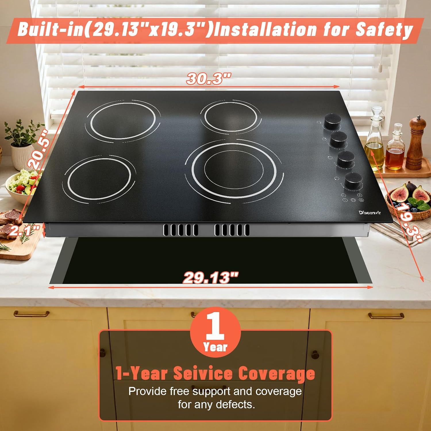 30 Inch Electric Cooktop 4 Burner - Built-in(29.13'x19.3') Ceramic Stove 6700W, 30' Radiant Electric Cooktop with Timer, Safety Lock, Pause, Dual Ring, 220V - 240V Hard Wired (Black Knob)