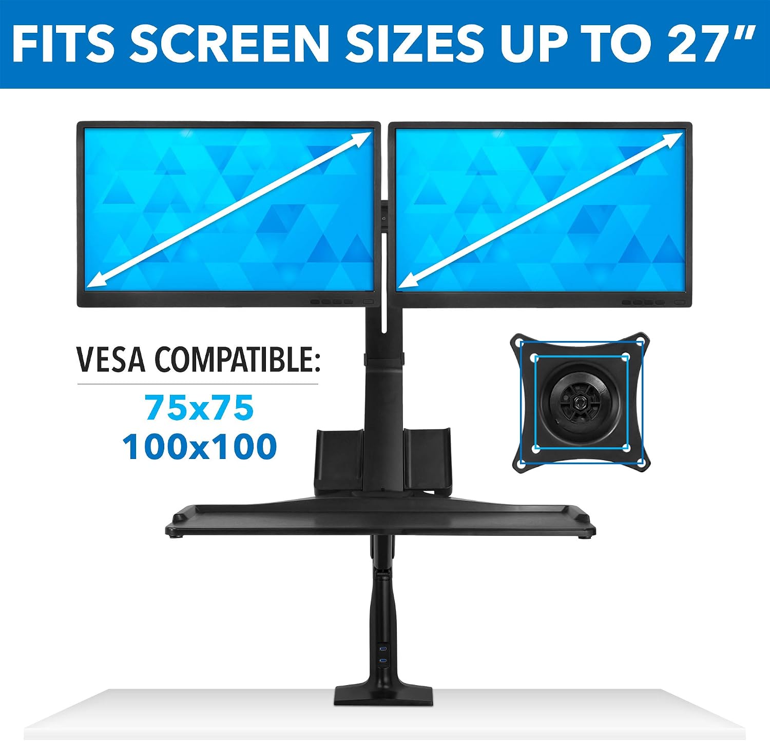 Mount-It! Dual Monitor Arm Desk Mount Sit-Stand Workstation with 2 USB 3.0 Ports, Height Adjustable 23.1–42.9', Fits Two 17–27' Screens, 13.2 lbs Each, VESA 75x75 100x100, Clamp or Grommet