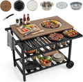 Giantex Outdoor Grill Cart with Korean BBQ Charcoal Grill, Dual Cooking Surfaces, Rolling Food Prep Table with Foldable Side Shelf, Storage Shelves, Wood-Look Top, for Patio, Party & Backyard Cooking
