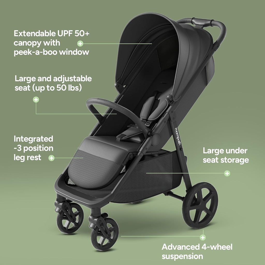 Mompush Nova Infant Baby Stroller for Newborn to Toddler, Oversized Seat up to 50 lbs, All-Terrain 10' Wheels & Suspension, One-Hand Fold; Lie-Flat Mode; UPF 50+ Canopy