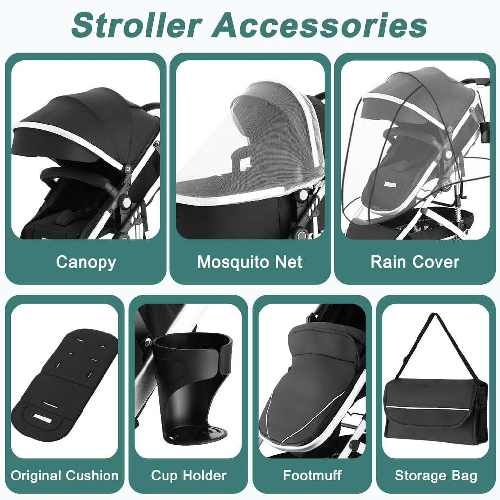 EROMMY 6-in-1 Baby Stroller with Bassinet, Convertible Infant Stroller with Adjustable Backrest & Canopy, Foldable Pushchair with Reversible Seat and Cover for Newborn 0-36 Months (Black)