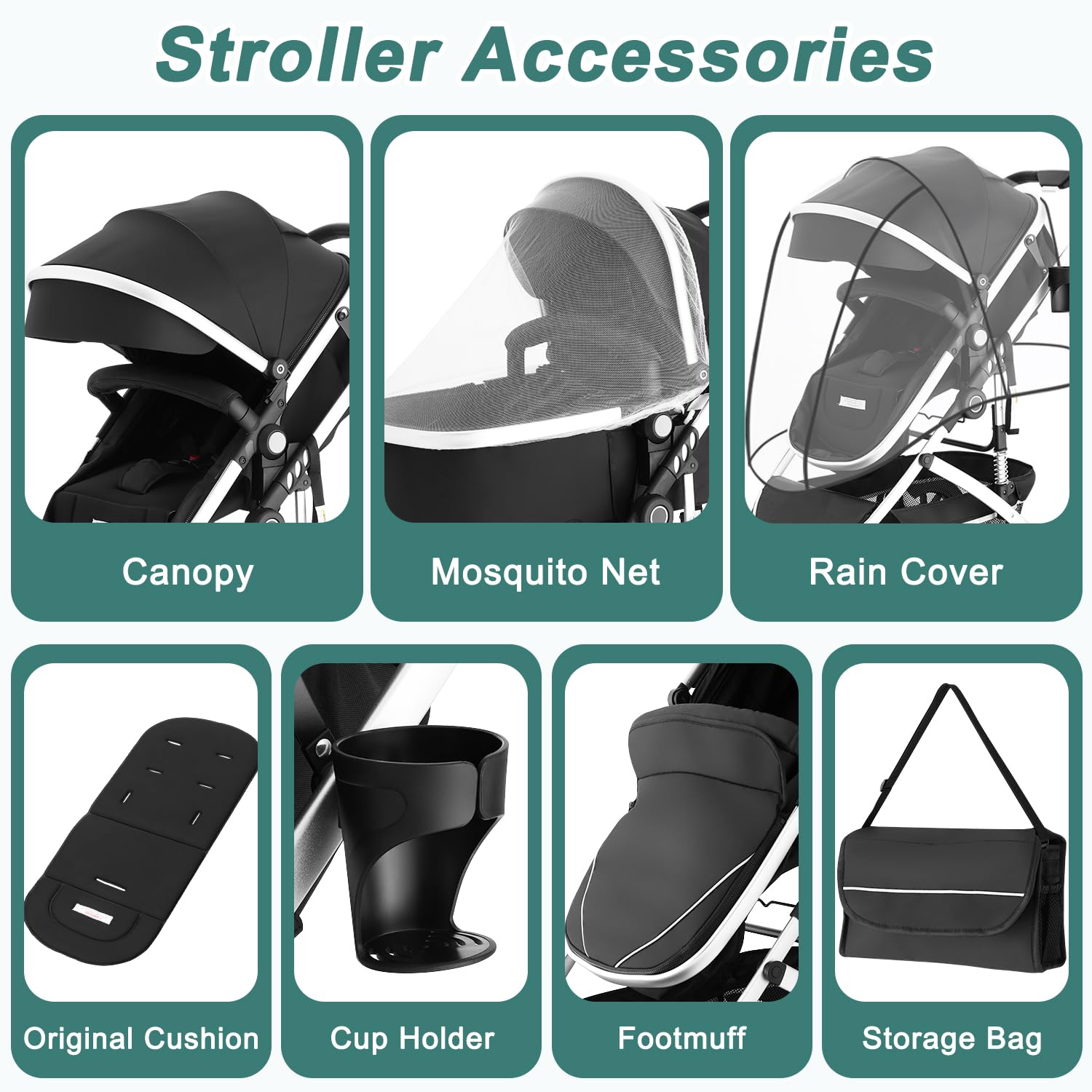 EROMMY 6-in-1 Baby Stroller with Bassinet, Convertible Infant Stroller with Adjustable Backrest & Canopy, Foldable Pushchair with Reversible Seat and Cover for Newborn 0-36 Months (Black)