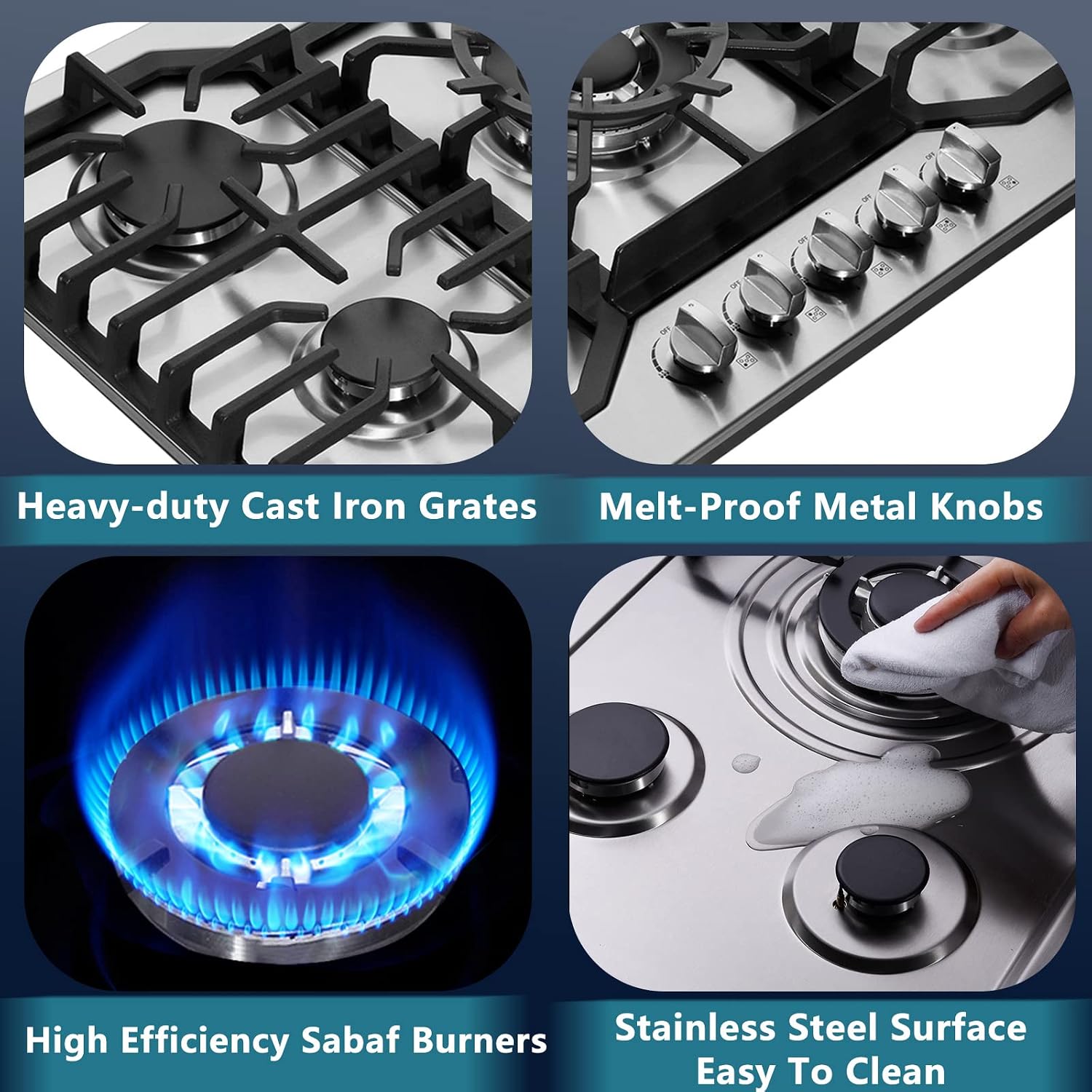 30 Inch Gas Cooktop, Stainless Steel Built-in 5 Burners Gas Stovetop LPG/NG Convertible Gas Stove Top Dual Fuel Gas Hob DM527-05