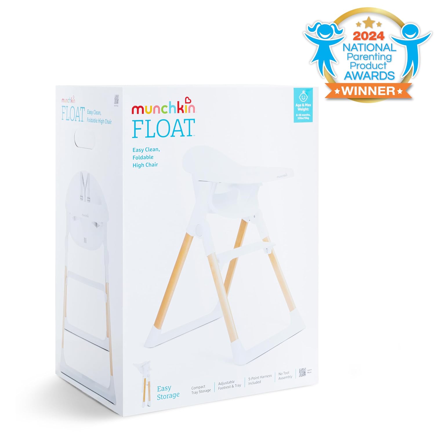 Munchkin Float Baby High Chair for Babies and Toddlers, Foldable for Easy Storage, White with Wooden Legs