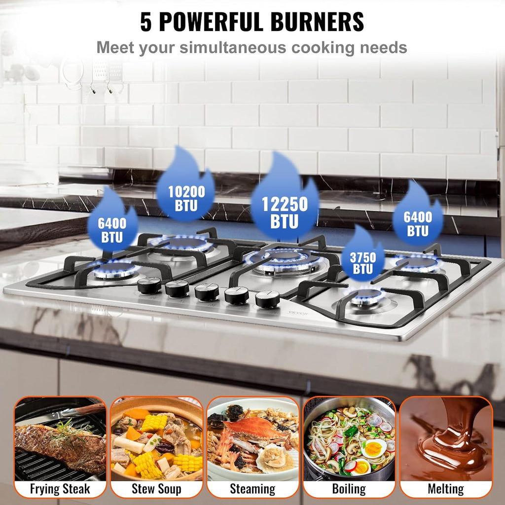 VEVOR 30-inch Gas Cooktop, 5 Burners Built-in Gas Stove Top, Max 12250BTU NG/LPG Convertible Stainless Steel Cooktops, with Thermocouple Protection for Camping, RV, Apartment