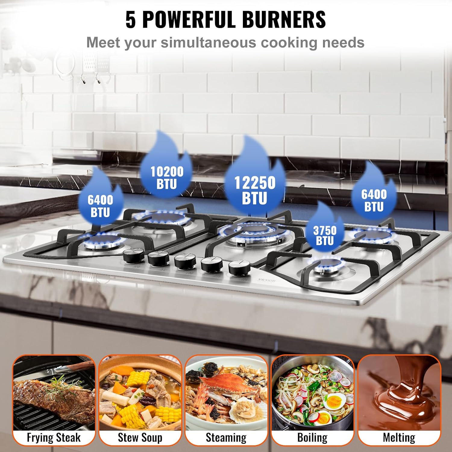 VEVOR 30-inch Gas Cooktop, 5 Burners Built-in Gas Stove Top, Max 12250BTU NG/LPG Convertible Stainless Steel Cooktops, with Thermocouple Protection for Camping, RV, Apartment