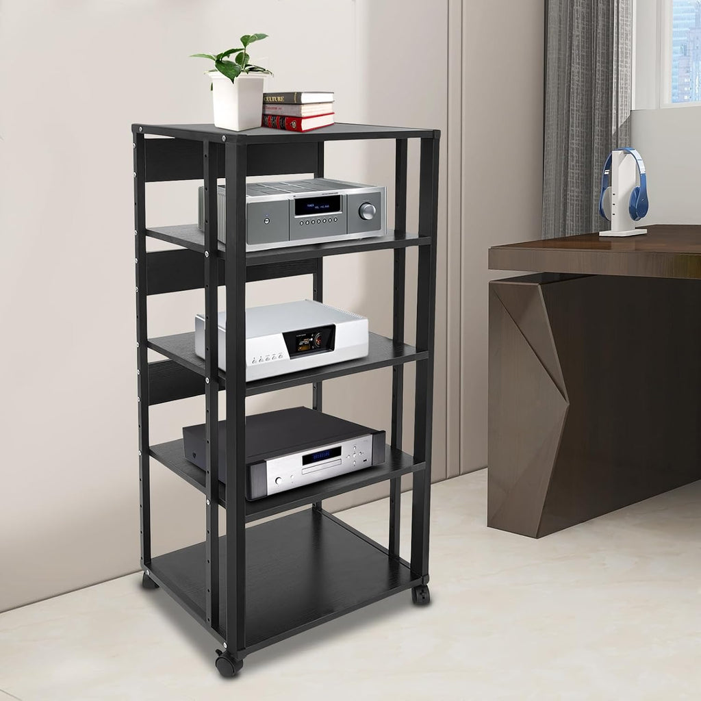 5 Tier AV Media Stand, Rolling Audio Rack Tower, CD Record Player Stereo Receiver AV Equipment Cabinet Display Rack with Wheels, Adjustable Shelves for Home Theater Office Load 110 lbs