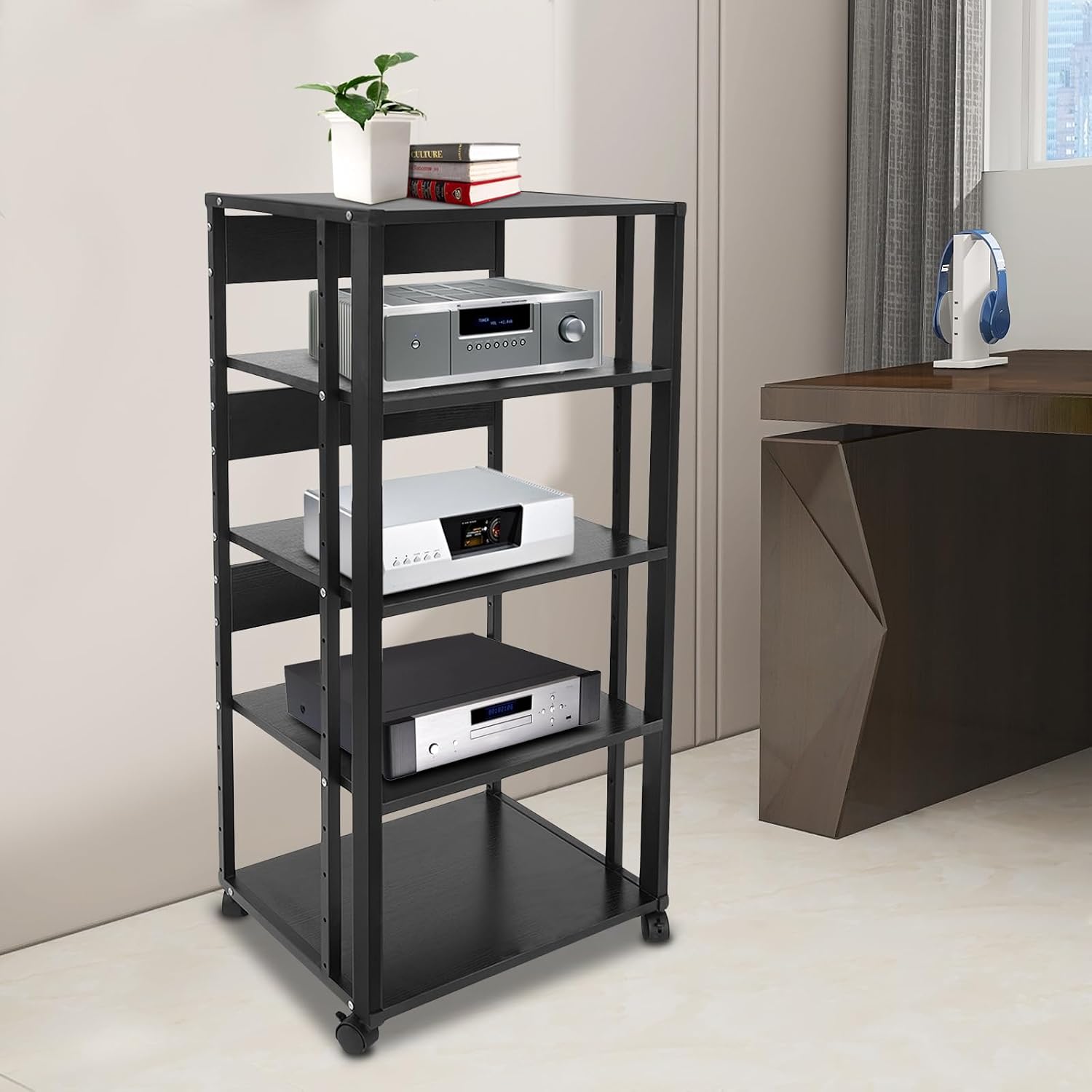 5 Tier AV Media Stand, Rolling Audio Rack Tower, CD Record Player Stereo Receiver AV Equipment Cabinet Display Rack with Wheels, Adjustable Shelves for Home Theater Office Load 110 lbs