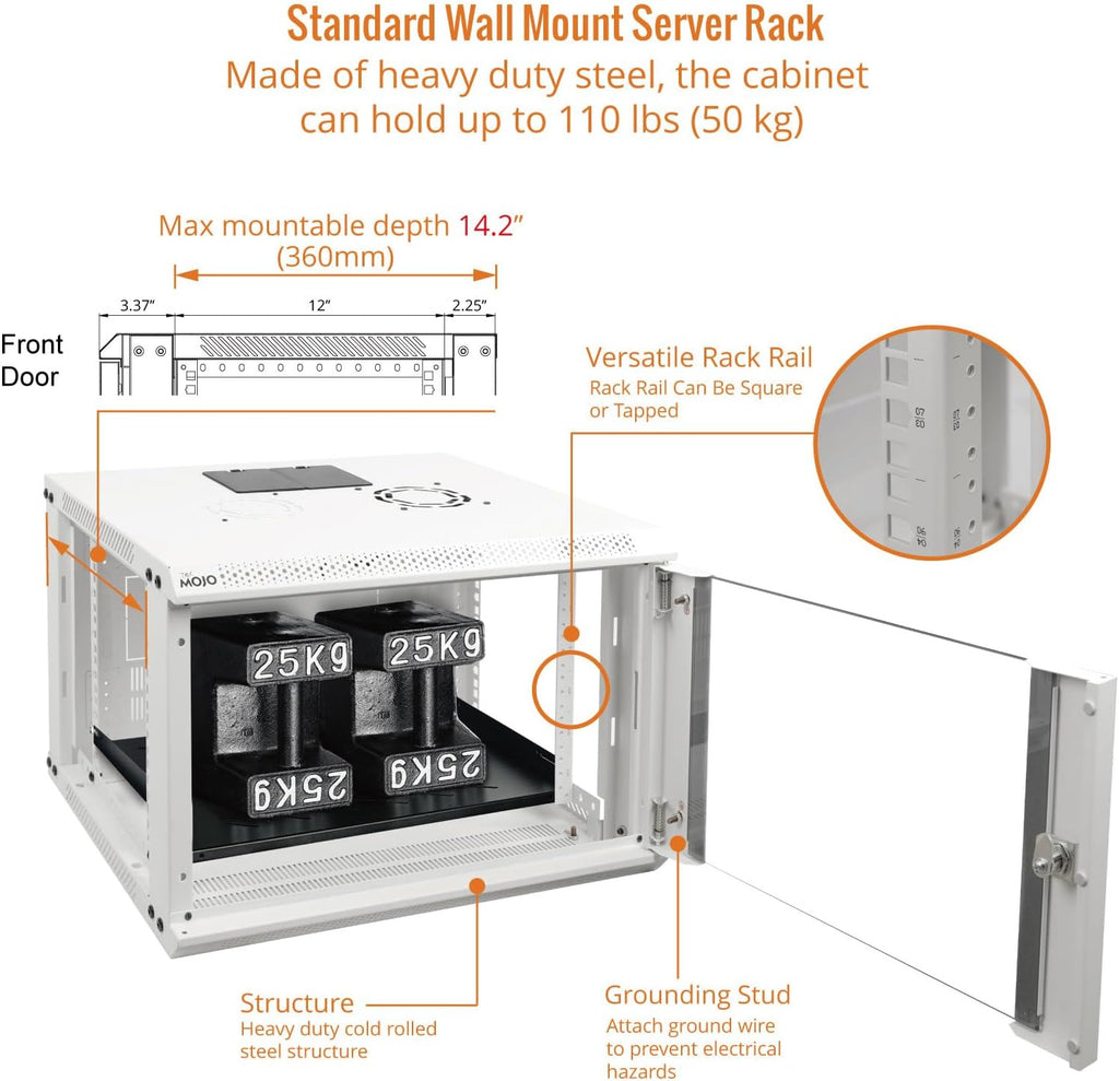 Tecmojo 6U Wall Mount Rack Network Cabinet for 19' IT Equipment,with Lockable Glass Door and Side Panels,Cooling Fan,17.7inch Depth,White