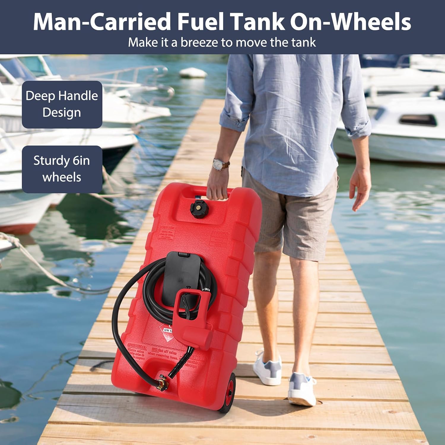 GAOMON Fuel Caddy, 15 Gallon Portable Gas Fuel Tank Container with LE Fluid Transfer Siphon Pump and 10ft. Delivery Hose, Diesel Storage Can On-Wheels for Cars, Lawn Mowers, ATVs, Boats