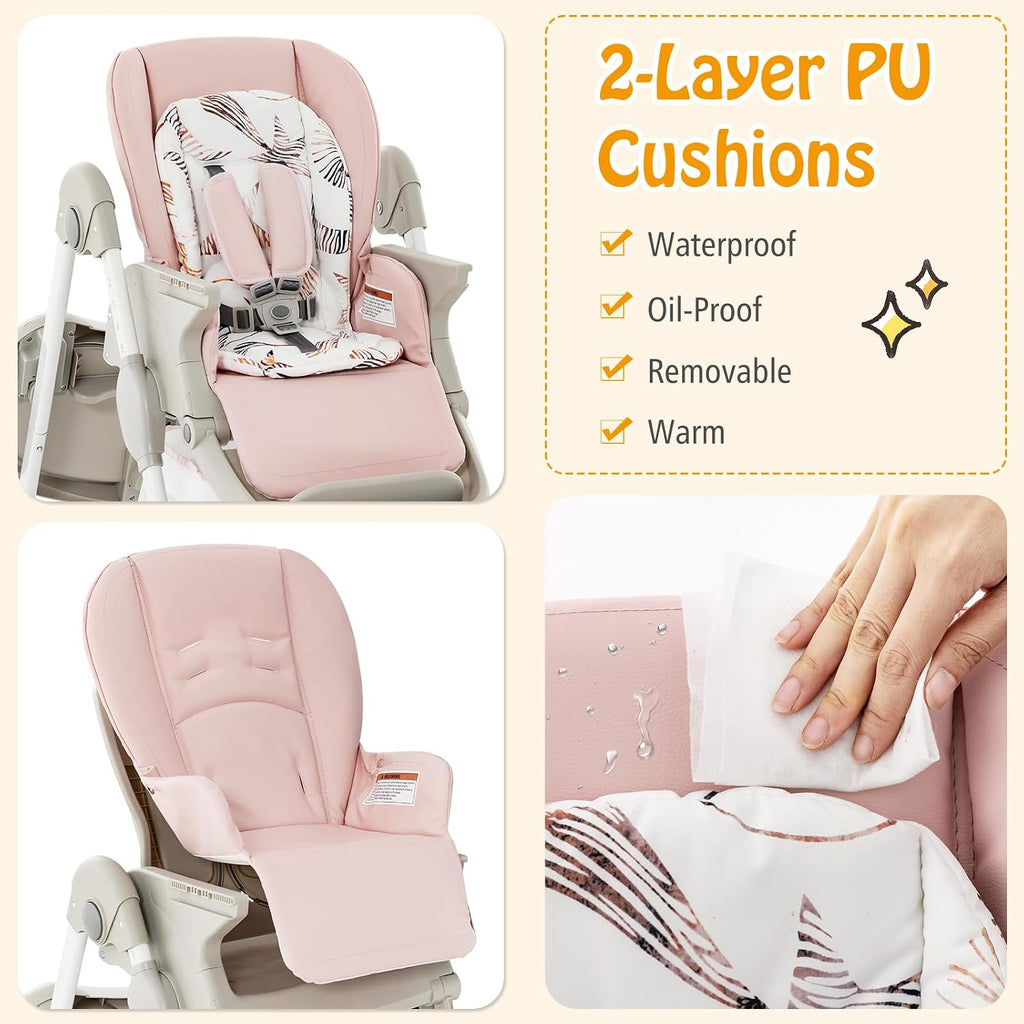 HONEY JOY Baby High Chair, Foldable High Chairs for Babies and Toddlers, Adjustable Heights, Recline Backrest & Footrest, Double-Layer Tray & Cushion, Portable Infant Highchair with Wheels (Pink)
