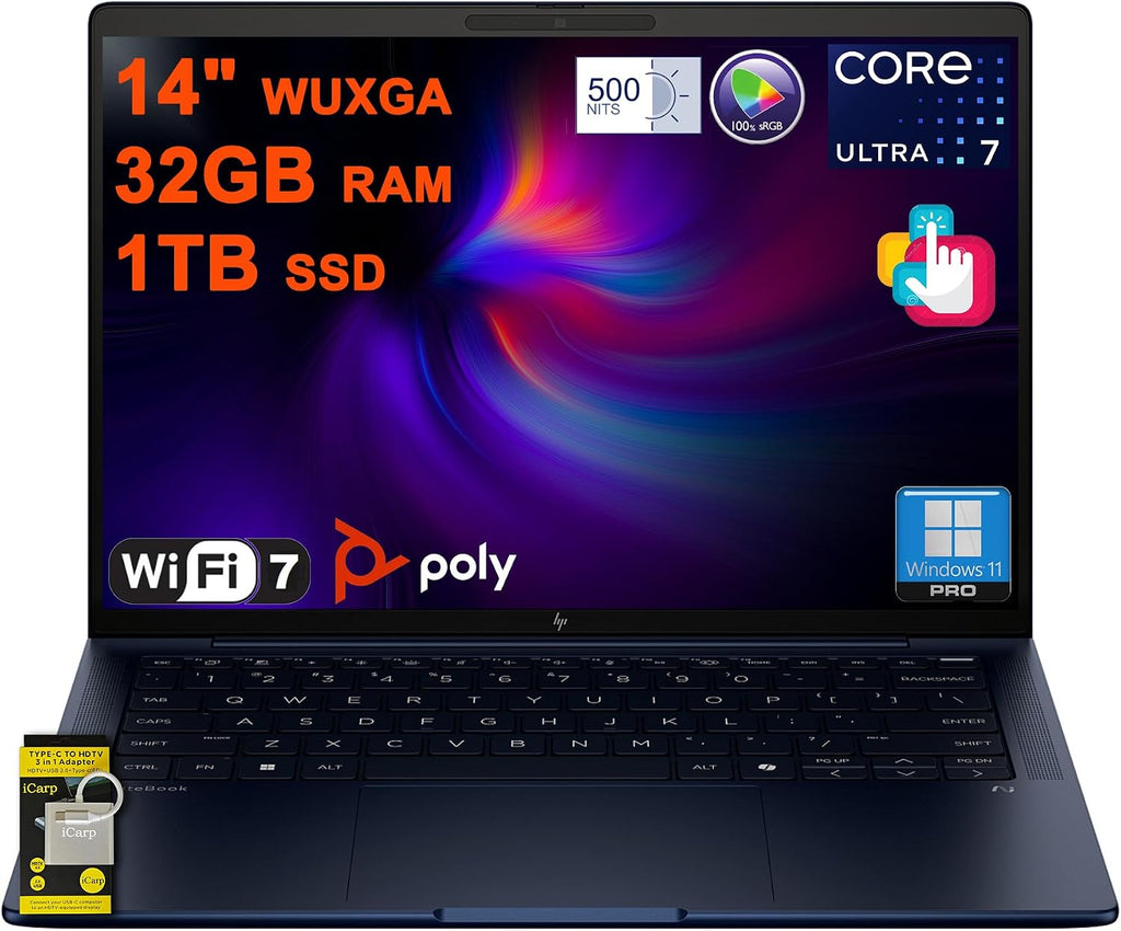 HP EliteBook X G1i Laptop 14' WUXGA IPS Touchscreen (500nits, 100% sRGB) Intel 8-core Ultra 7 258V (NPU Up to 47 Tops) 32GB RAM 1TB SSD for Creator Business Professional Win11Pro ICP Hub