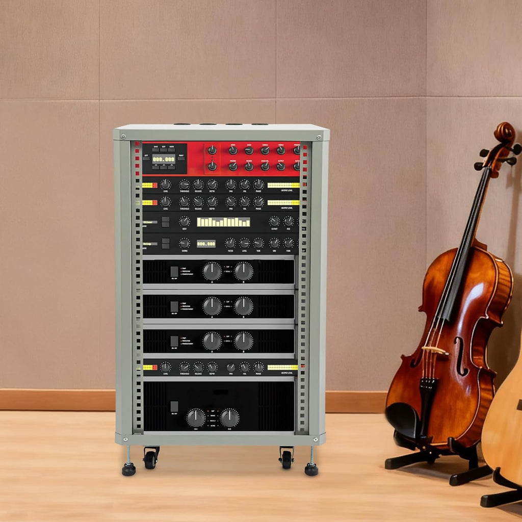 18U Server Rack with Wheels&Leveling Feet, Freestanding Rolling Open Frame IT Network Server Cabinet Rack Shelf for Audio Video Music Recording Computer AV Data & IT Equipment,Up to 300 Lbs Load,Grey