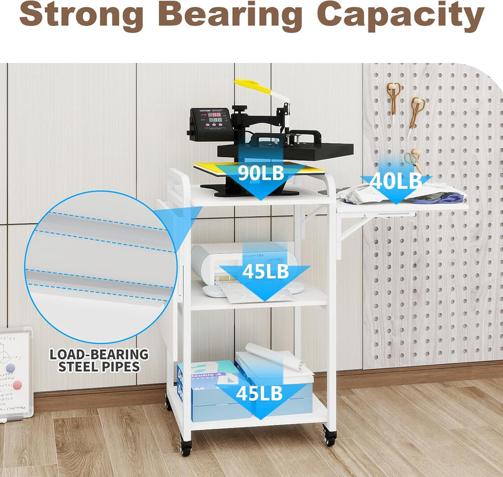PUNCIA 3 Tier Movable Heat Press Table Foldable Heat Transfer Machine Stand Heavy Duty Rolling Workbench with Folding Table for DIY Sublimation Transfer Machine Metal Shelf Storage Organization