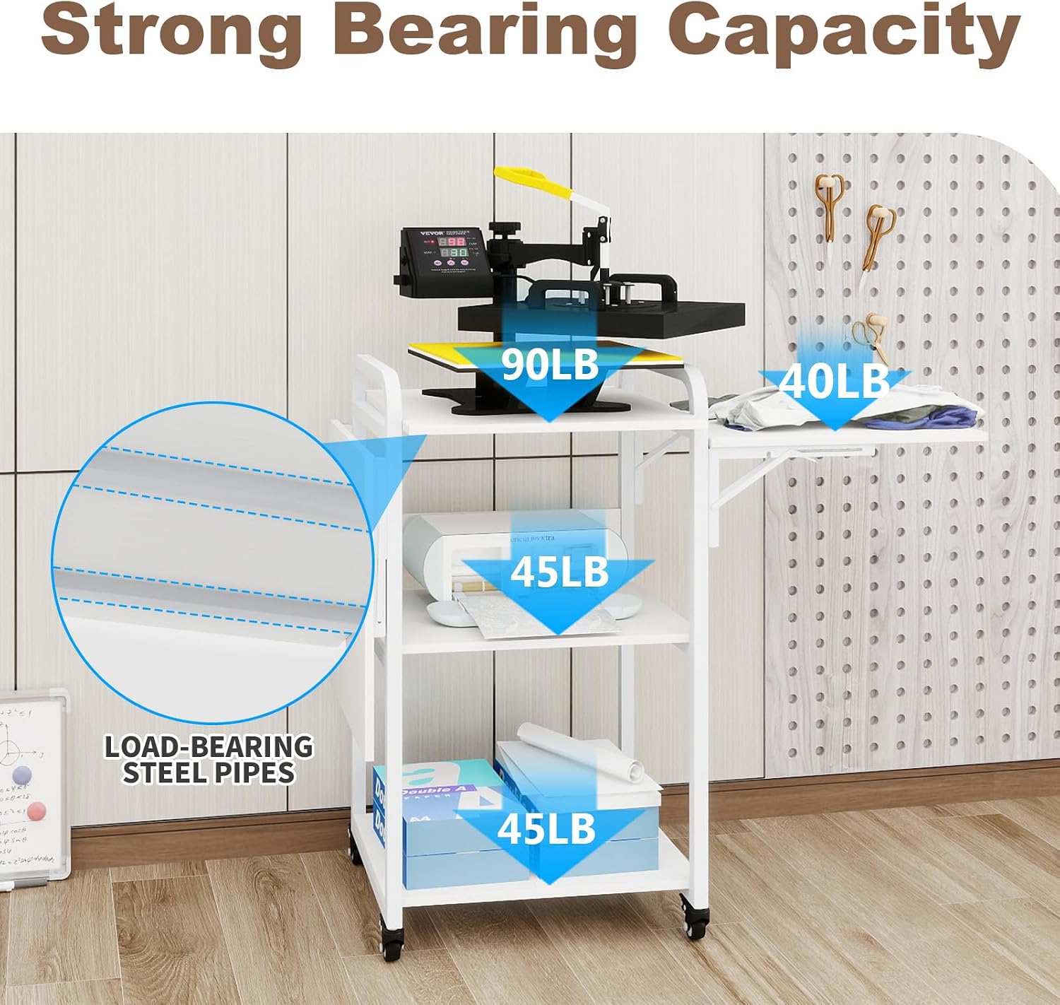 PUNCIA 3 Tier Movable Heat Press Table Foldable Heat Transfer Machine Stand Heavy Duty Rolling Workbench with Folding Table for DIY Sublimation Transfer Machine Metal Shelf Storage Organization