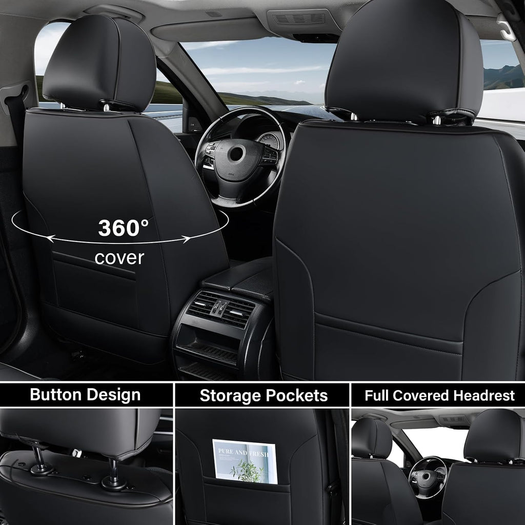 Coverado Seat Covers, Car Seat Covers Front Seats, Waterproof Nappa Leather Auto Seat Cover with Lumbar Head Pillow, Black Seat Covers Carseat Cover Universal Fit for Most Cars