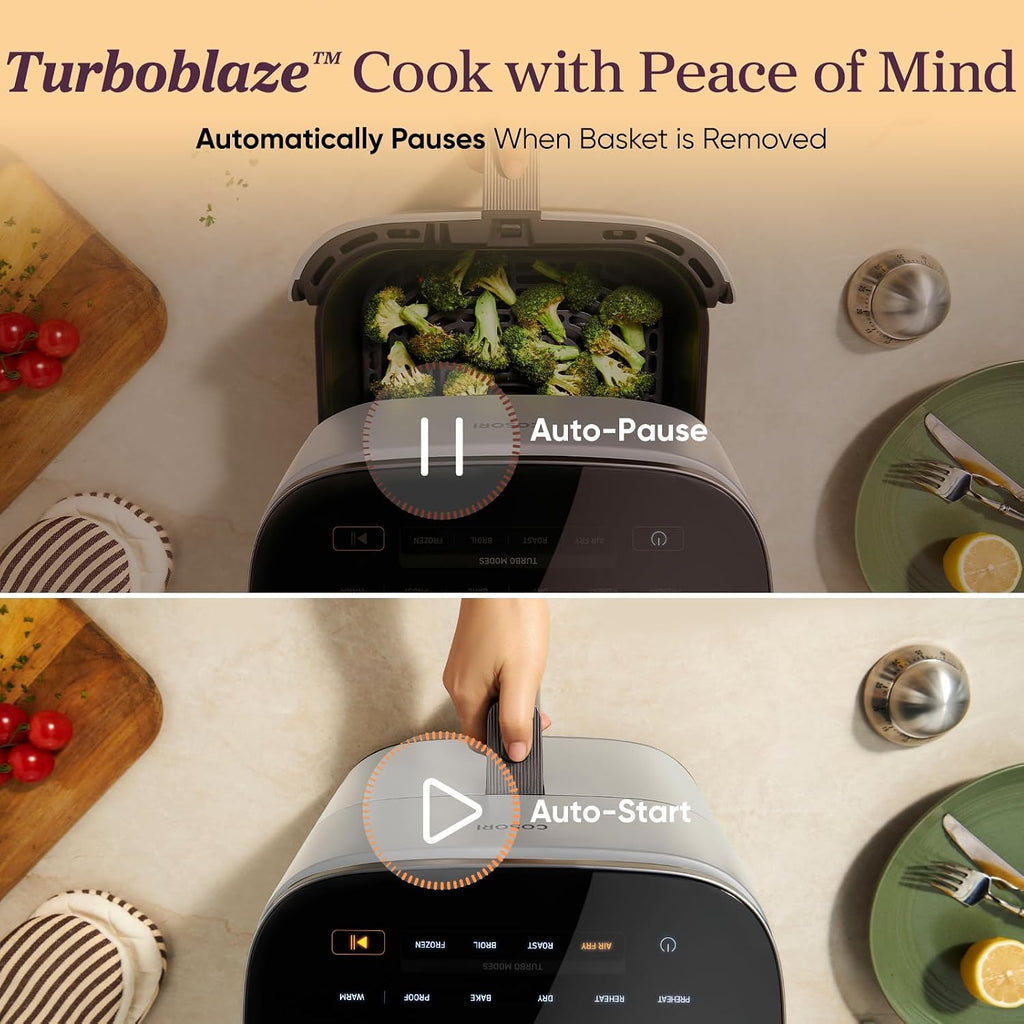 Cosori 9-in-1 TurboBlaze Air Fryer 6 Qt, Premium Ceramic Coating, 90°–450°F, Precise Heating for Even Results, Air Fry, Roast, Bake, Broil, Dry, Frozen, Proof, Reheat, Keep Warm, 120V, Light Gray