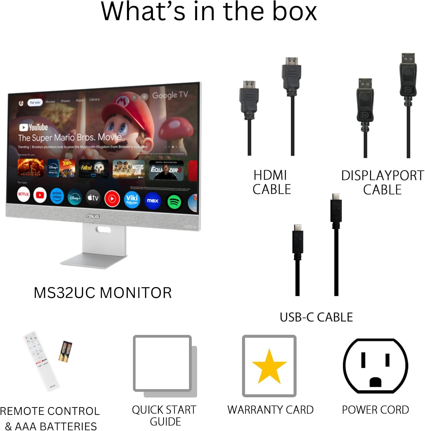 ASUS ZenScreen 31.5' 4K USB-C Smart Monitor (MS32UC) - UHD (3840 x 2160) IPS, 98% DCI-P3, GoogleTV, Harman Kardon Speakers, USB-C (90W PD), Wireless Display, Netflix and YouTube, 3 yr Warranty