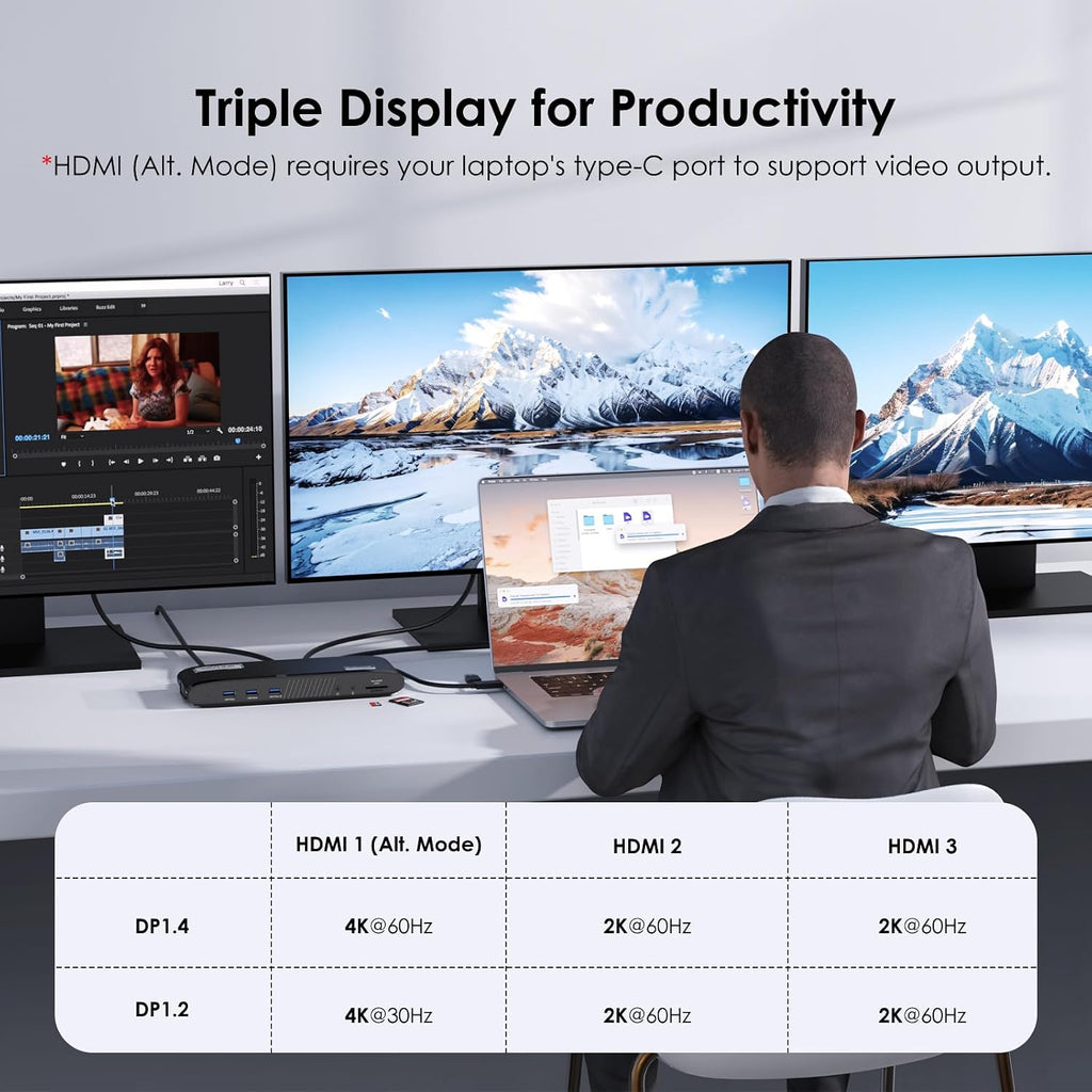 WAVLINK Docking Station, DisplayLink Dock with 3 Monitor for Mac & Windows, 13-in-1 with 100W Charging, 3 HDMI, 5 USB Ports, Ethernet, SD/TF, Audio