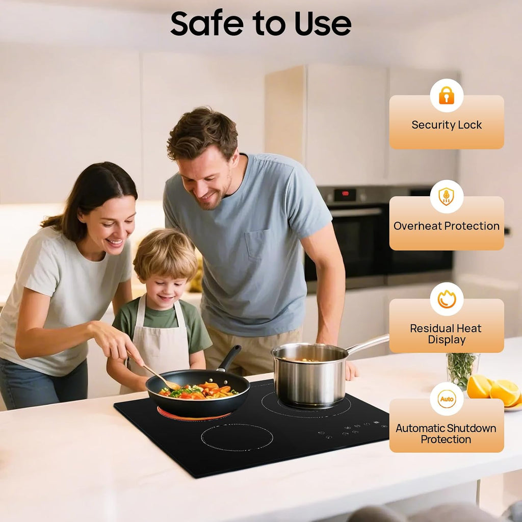 3 Burners Electric Cooktop 24 Inch Countertop & Built-in Electric Stove Top 110V 2600W Ceramic Cooktop Portable with Child Safety Lock & LCD Control Panel, 9 Heating Level (No Plug)