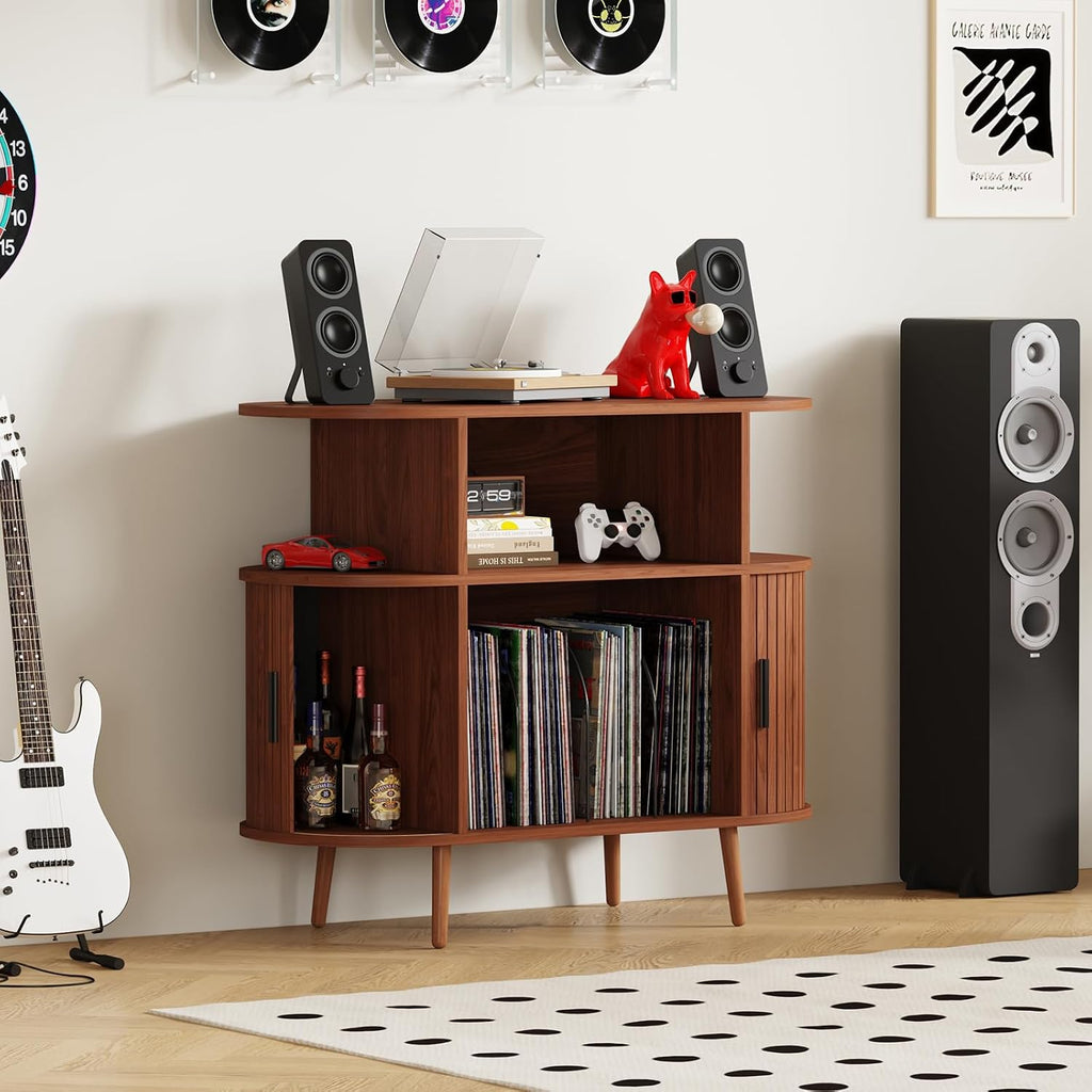 35.4' Record Player Stand with Storage - Vinyl Record Storage Cabinet & Media Console Holds 300+ Records, Mid Century Modern Turntable Stand for Living Room (Walnut, 35.4')
